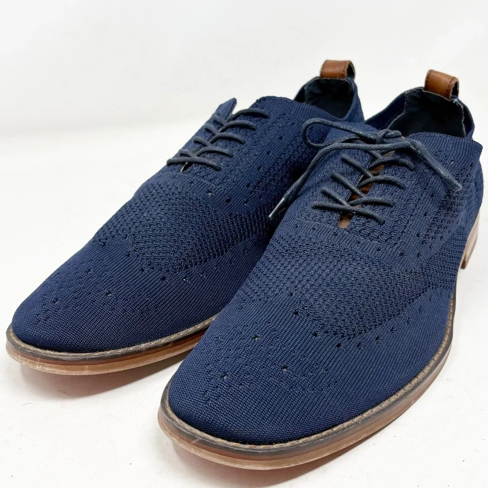 J. Moretti Black Label Mens Navy Knit Wingtip Oxford Dress Shoes Size 12